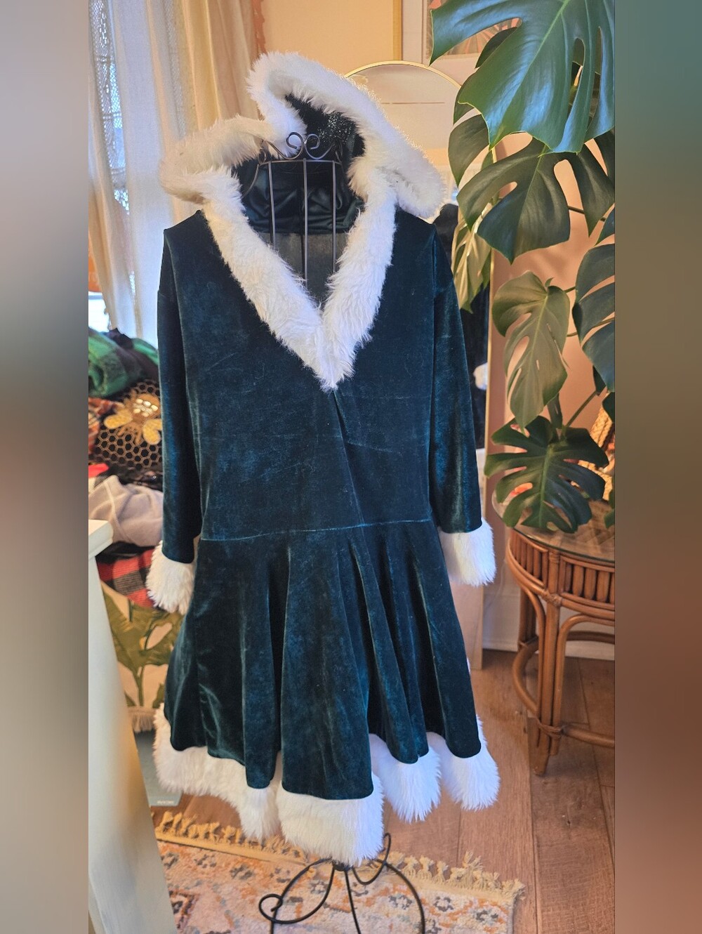 Emerald Green Velvet Hooded Santa Claus Dress Faux Fur Trim Christmas Costume XL